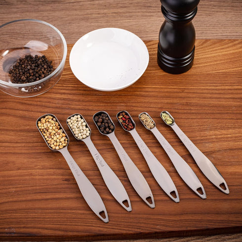 Accurate 18/8 Stainless Steel Measuring Spoons, Heavy Duty Set of 6 with Ring Connector, Dark Grey