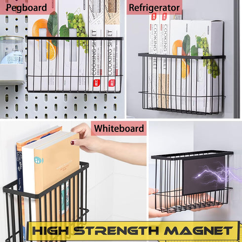 Magnetic Basket Organizer Shelf Rack for Refrigerator, Office File, Plastic Food Wrap Holder with Hooks, Black