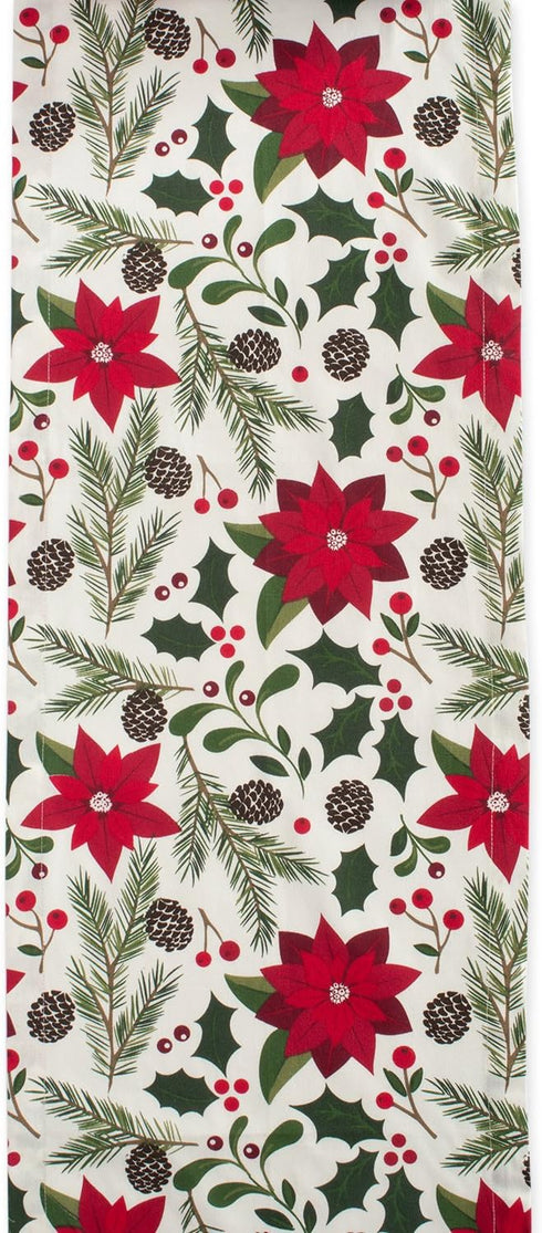 DII Woodland Holly Christmas Holiday Table Runner, 14x72, Poinsettia & Christmas Greenery