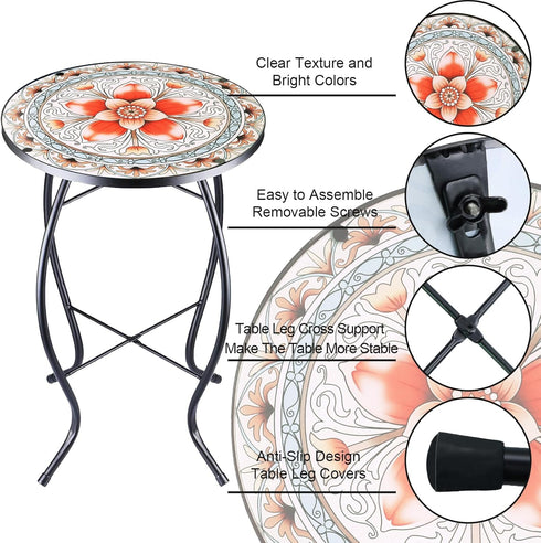 12 Inch Arbuxzuy Small Outdoor Side Table with Pink Flower, Glass Mosaic Patio Table Indoor, Round Plant Coffee Table