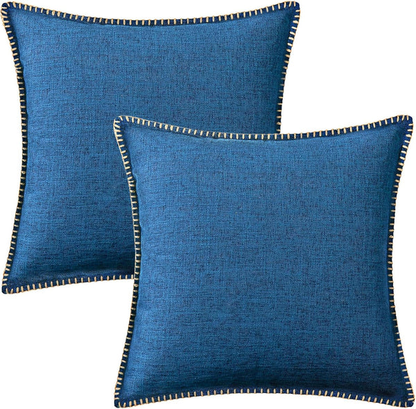 decorUhome Set of 2 Decorative Outdoor Throw Pillow Covers, 20x20 Square Linen Rustic Farmhouse Dark Blue