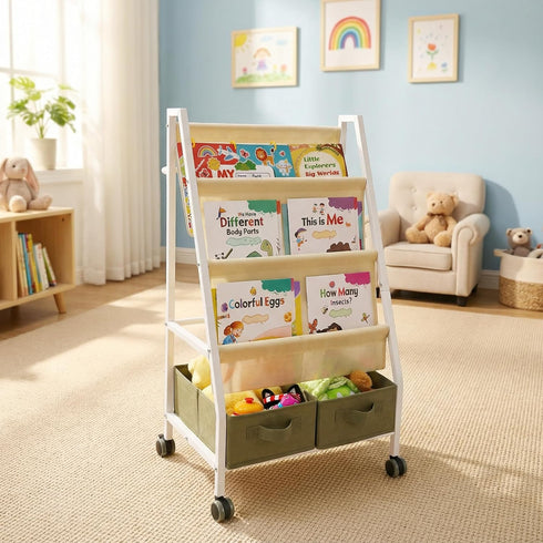 EARLY MINDS 3-Tier Kids Bookshelf with Storage, Wheels & Handle, Montessori Sling Book Organizer