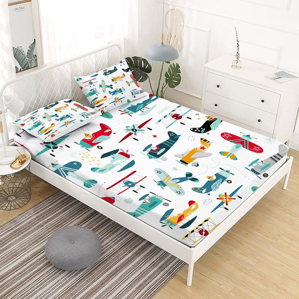 Yasida Cartoon Airplane Bed Sheets Set Queen Size for Kids Teens Colorful