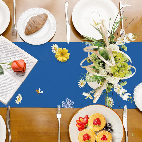 Summer 13x72 Inch Spring Daisy Floral Table Runner Bees Burlap Table Runners, Charming Blue Flowers Seasonal Coffee