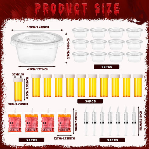 120 2 oz Uiifan Pcs Halloween Party Supplies Blood Bags for Juices Jelly Syringes Cups with Lids Pill Candy Bottles