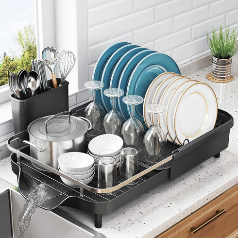Dish Drying Rack - Expandable Stainless Steel Dish Rack with Drainboard Set and Utensil Holder, Black