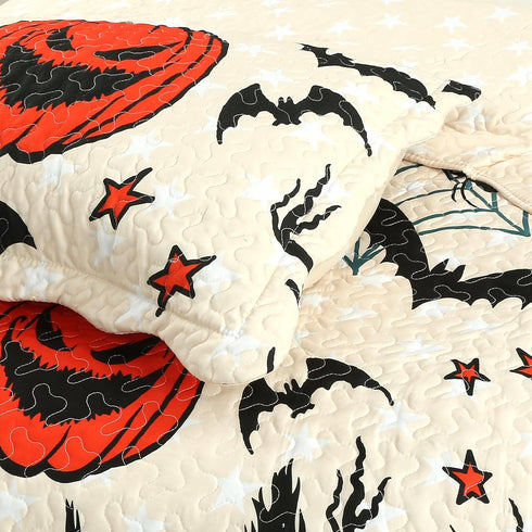 Set ME503 MarCielo Kids Halloween Themed Quilt Bedspread Pumpkins, Black Cats, Bats, Haunted Houses (Full)