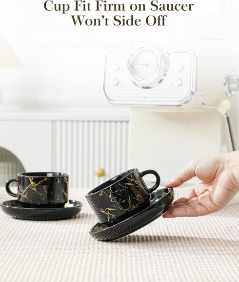 8 OZ Set 4, Set MALACASA Porcelain Espresso Cups with Saucers and Metal Stand of Stackable Cappuccino Cups, Marble
