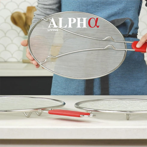 Splatter Guard for Frying Pan & Food Strainer, Universal Cookware 13", Stops Hot Oil Splash, RED Handle, Splatter
