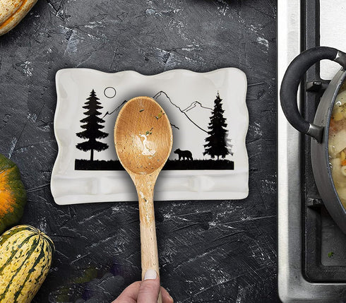 Spoon Rest for Stove Top - Kitchen Counter Spoon Holder for 3 Spoons, Ceramic Spoon Rest with Bear Picture