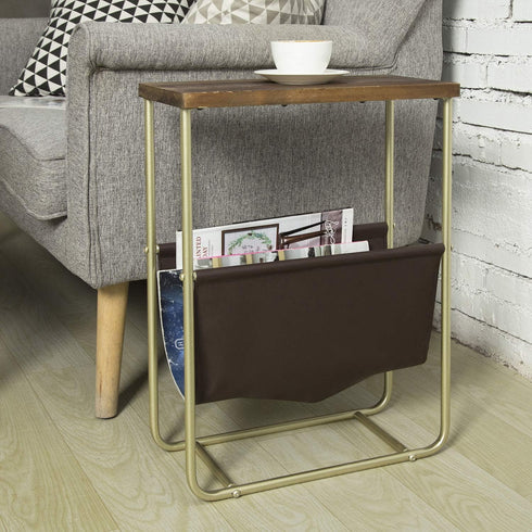 MyGift Living Room Side Table, Dark Brown Burnt Wood End Table and Brass Tone Metal Frame with Leatherette Magazine