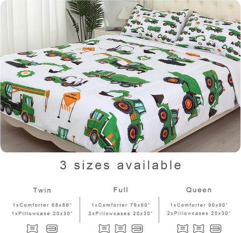 Set Sets Set 1 1 Comforter Green Tractor: Twin Size Cartoon Excavator Truck Car Bedding for Boys Kids Teens Toddler