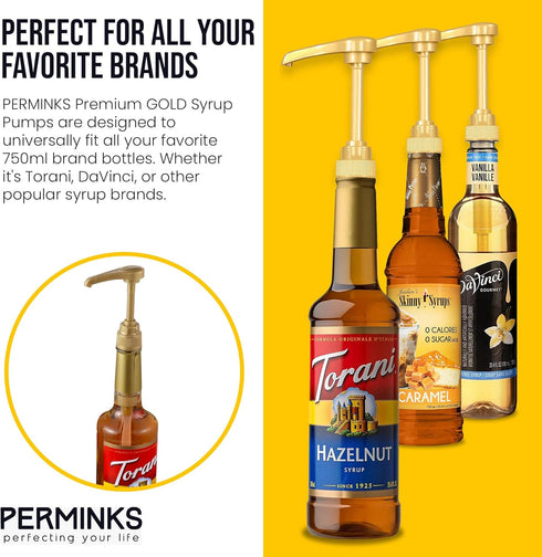 6 Pack Coffee Syrup Pump Dispenser (Gold) - Compatible with Torani, Davinci, and Skinny Syrup Bottles