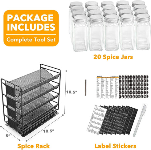 20 801 SpaceAid Pull Out Spice Rack Organizer with Jars, Heavy Duty Slide Out Seasoning Organizer for Kitchen Cabinets