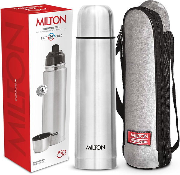 Milton Thermosteel 1000 ml Flip Lid, Double Walled Vacuum Insulated Thermos | 34 oz | 1 Ltr | Silver, BPA Free