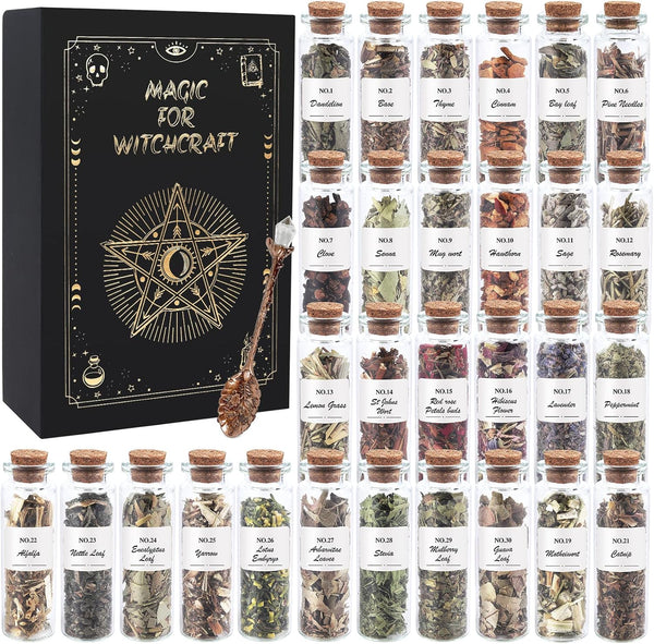 HOOMUU 30 Pack Witchcraft Herbs and Flowers, Essential Mixed Dried Herbal Box for