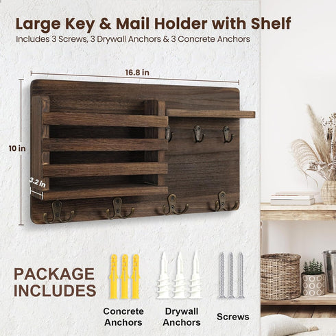 Nekon Mail Holder for Wall - Mail Organizer with Key Hooks, Letter Sorter, Natural Wood, Floating Shelf, Flush Mount