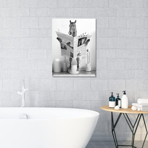 Funny Horse Bathroom Canvas Wall Art, Black and White Horse Sitting on Toilet Artwork, 12" x 16" Ready to Hang