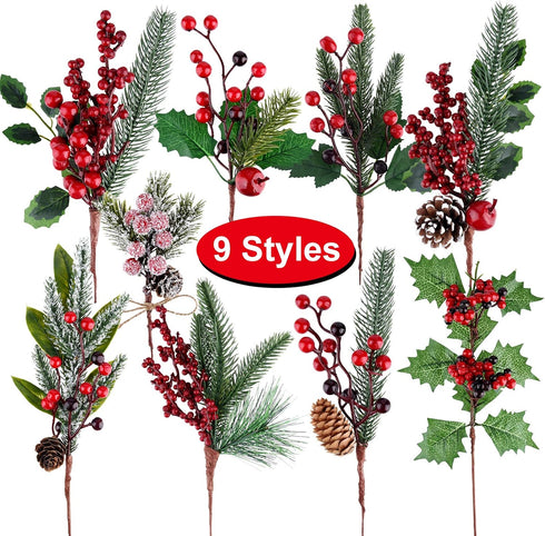 18 MIAHART Pcs Christmas Picks Artificial Pine Branches Red Berry Stems Pine Picks Spray with Pine Cone Apples Holly