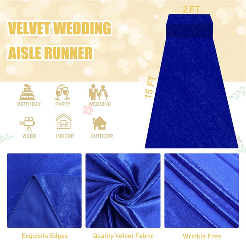 Royal Blue Velvet Aisle Runner 15FTx2FT for Wedding Ceremony, Bridal Shower, Indoor Church, Outdoor Hallway Runner