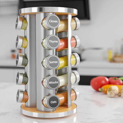 Revolving Spice Rack Set with 20 Spice Jars, Kitchen Spice Tower Organizer for Countertop or Cabinet, Includes 386