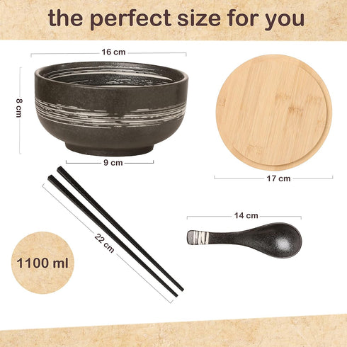 Ceramic Ramen Bowl Set, 38 OZ, Japanese Style, Durable, Microwave & Dishwasher Safe, Includes Spoon & Chopsticks (6), Blue by Cteaffee