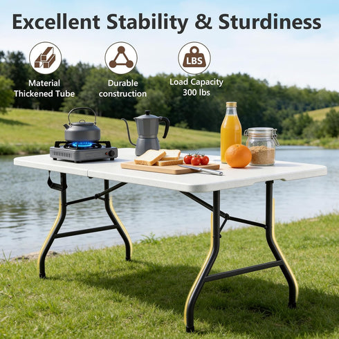 6 Folding Table, FT Foldable Plastic Table with Carrying Handle, Heavy Duty Portable Fold-in-Half Utility Table