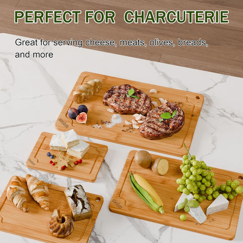 4-Piece Set Bamboo Cutting Boards for Kitchen, Wood Cutting Board with Juice Grooves & Built-in Handles, Easy Storage
