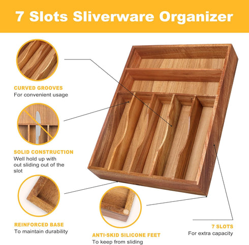 Kitchen Drawer Organizer - Acacia Silverware Holder, Extra Deep Grooved Divider, 7 Slots Cutlery Organizer Flatware Tray