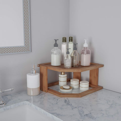 2-Tier Countertop, Bamboo Corner Shelf for Kitchen or Bathroom Cabinet, Cupboard Storage and Organizer, Natural Wood