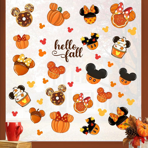 Mfault Hello Fall Cartoon Mouse Window Clings, 4 Sheets Autumn Stickers Decals for Seasonal Home Kitchen Decor