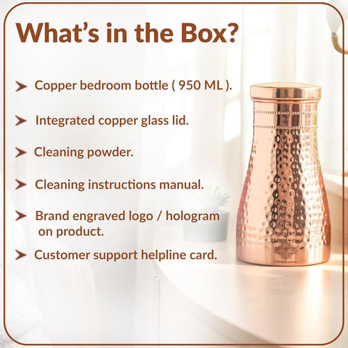 Indian Art Villa Pure Copper Bedroom Water Bottle with Inbuilt Glass & Hammered Shine Design, 32 Oz