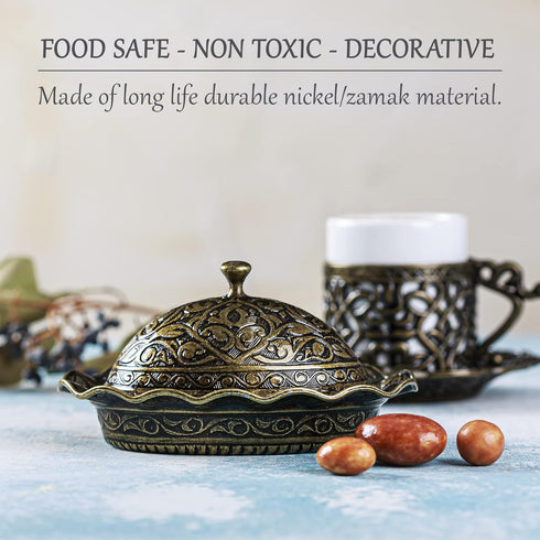 Crystalia Traditional Candy Bowl with Lid, Decorative Ellipse Turkish Delight Container, Ottoman Design Serving Dish