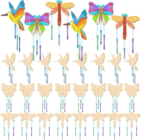Leinuosen 30 Pcs Wind Chime Kit Hummingbird Wooden Wind Chimes Decorative Butterfly Windchimes