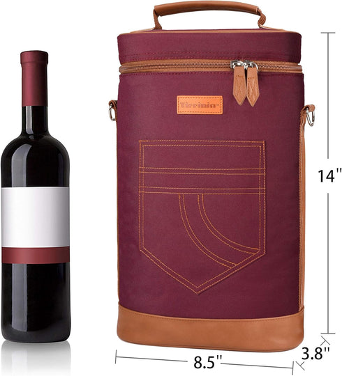 Tirrinia 2 Bottle Insulated Wine Gift Tote Carrier, Padded Cooler Bag for Travel, BYOB, Red