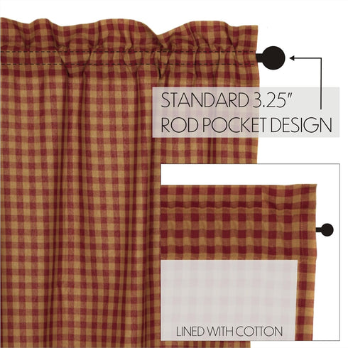 VHC Brands Burgundy Check Primitive Valance, 16"x72", Red Rod Pocket Cotton Kitchen Curtains