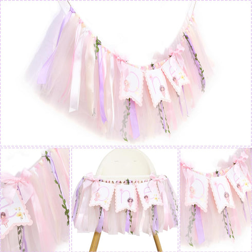 1st Fairy One High Chair Banner - Little Fairy Birthday Party Decoration,Sweet Floral Highchair Banner