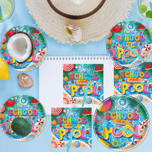 Summer 24 Bye Bye School Hello Pool Party Plates Napkins Forks, End of School Year Party Decorations, Disposable Pool
