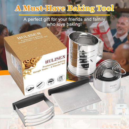 3 Donuts(4 Pcs/Set) HULISEN Pastry Cutter, Dough Blender, Cup Flour Sifter and Biscuit Cutter, Stainless Steel Dough