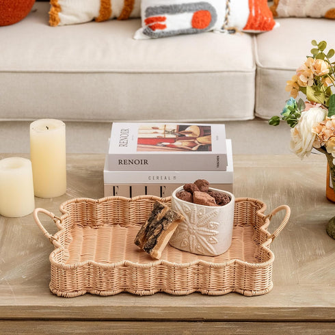 15 "11 "2 GRANNY SAYS Scalloped Edge Rectangle Wicker Serving Tray, Coffee Table Tray, Serving Trays with Handles