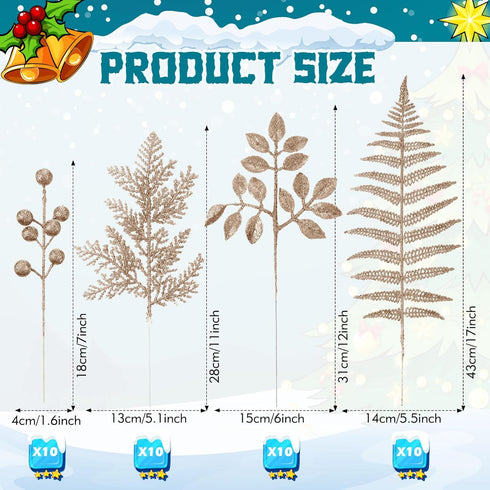 Moucuny 40 Set Pcs Christmas Glitter Artificial Picks Leaf Sprays Cedar Picks Glitter Berries Stems Tropical Leaf Pine