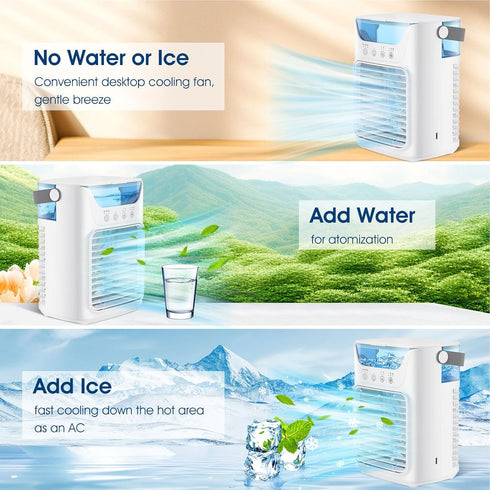 USB Powered Air Conditioner Fan, 700ML Automatic Timing Portable Cooler Humidifier with 7 Color Night Light, 3 Wind