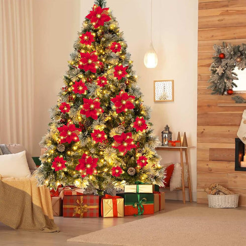 Geefuun 28PCS Christmas Tree Decorations: Red Glitter Poinsettias Artificial Flowers Ornaments with Clips, 3 Sizes