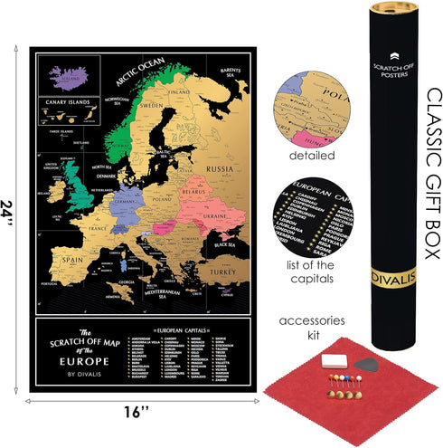 Scratch off Map of Europe, 24x16 Travel Map Poster with Cities, Large Black and Gold Push Pin Wall Map