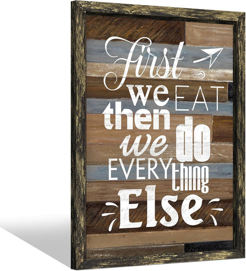 Kitchen Quote Wooden Wall Art: Framed Inspirational Bless Picture First We Eat