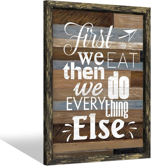 Kitchen Quote Wooden Wall Art: Framed Inspirational Bless Picture First We Eat