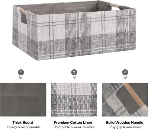 Fabric Storage Bin Box, Collapsible Cotton Linen Storage Cube with Wooden Handles, Light Gray Plaid, Medium