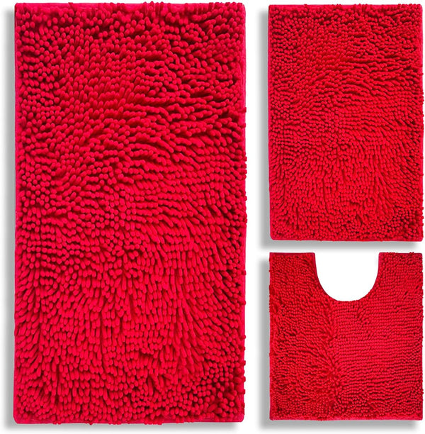 Bathroom Rugs Chenille 3-Piece Set, Extra Soft Absorbent Shag Mats, Machine Wash, Non-Slip Underside, Plush Carpet