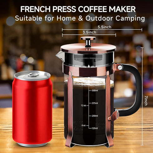 French Press Coffee Maker, 304 Stainless Steel, 4 Filters System, Heat Resistant Borosilicate Glass