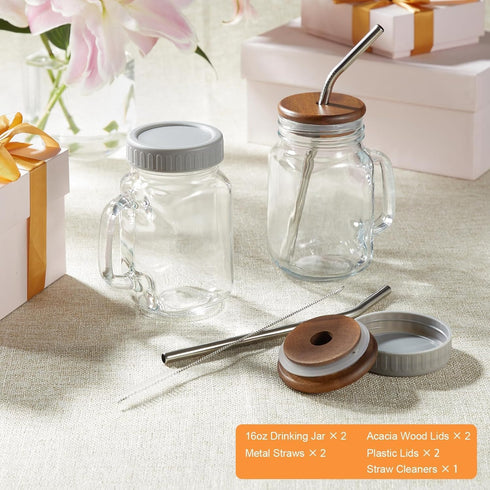16 oz Set 2, DRASTAR Iced Coffee Cup, Mason Jar Cups with Handle, Small Glass Coffee Mugs with Straws and Acacia Lids